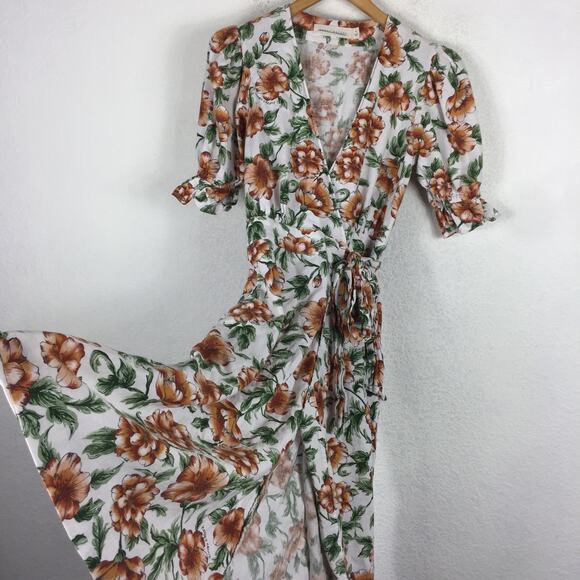 Happy X Nature Teagarden Floral Puff Sleeve Linen Wrap Midi Dress Small Coquette - Picture 11 of 13